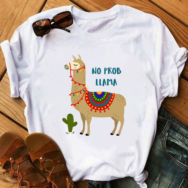 Cartoon Alpaca Hand-painted Letter Printing Short Sleeve