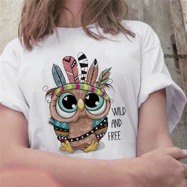 Women's Cartoon Owl Hand-painted Print Short Sleeve