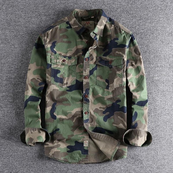 Washed Camouflage American Overalls Long Sleeve Shirt