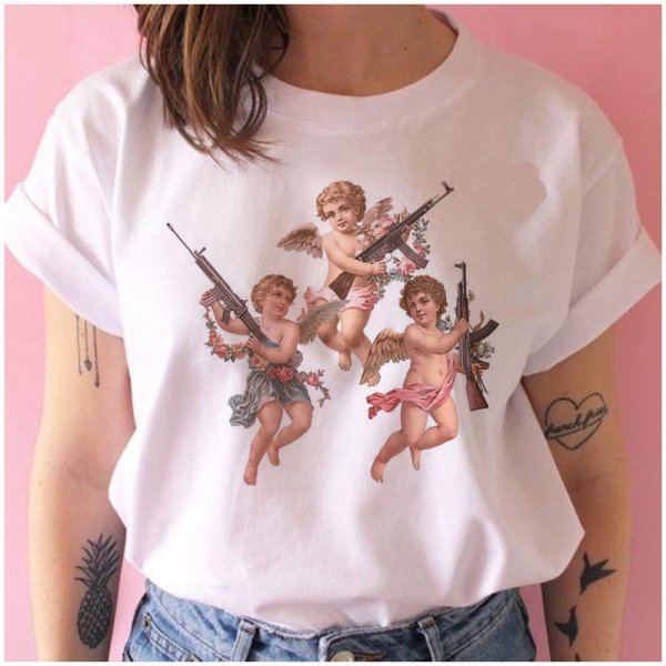 Cute Cartoon Angel Baby Print Ladies Short Sleeve