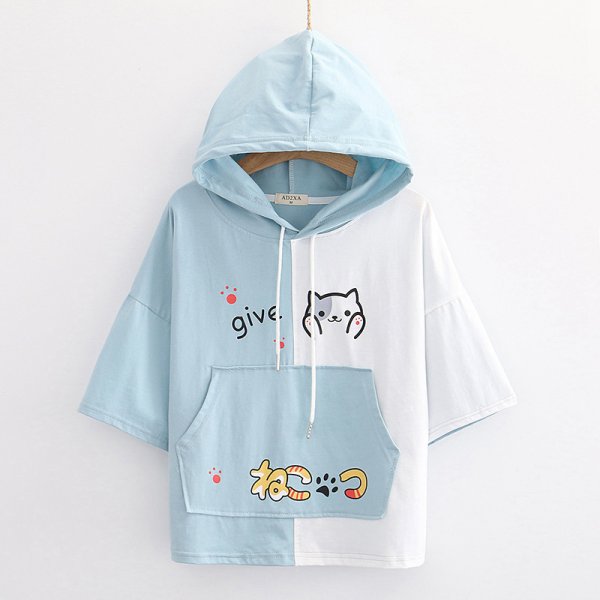 Japanese cartoon print loose hooded short sleeve T-shirt women